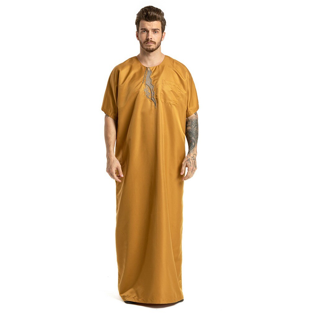 Arabische Moslemische Kleidung Männer Jubah Thobe Ethnische Roben Kurzarm Islamischen Pakistan Nahen Osten max Kleid Kaftan Saudi-arabien Männer: Gelb / S