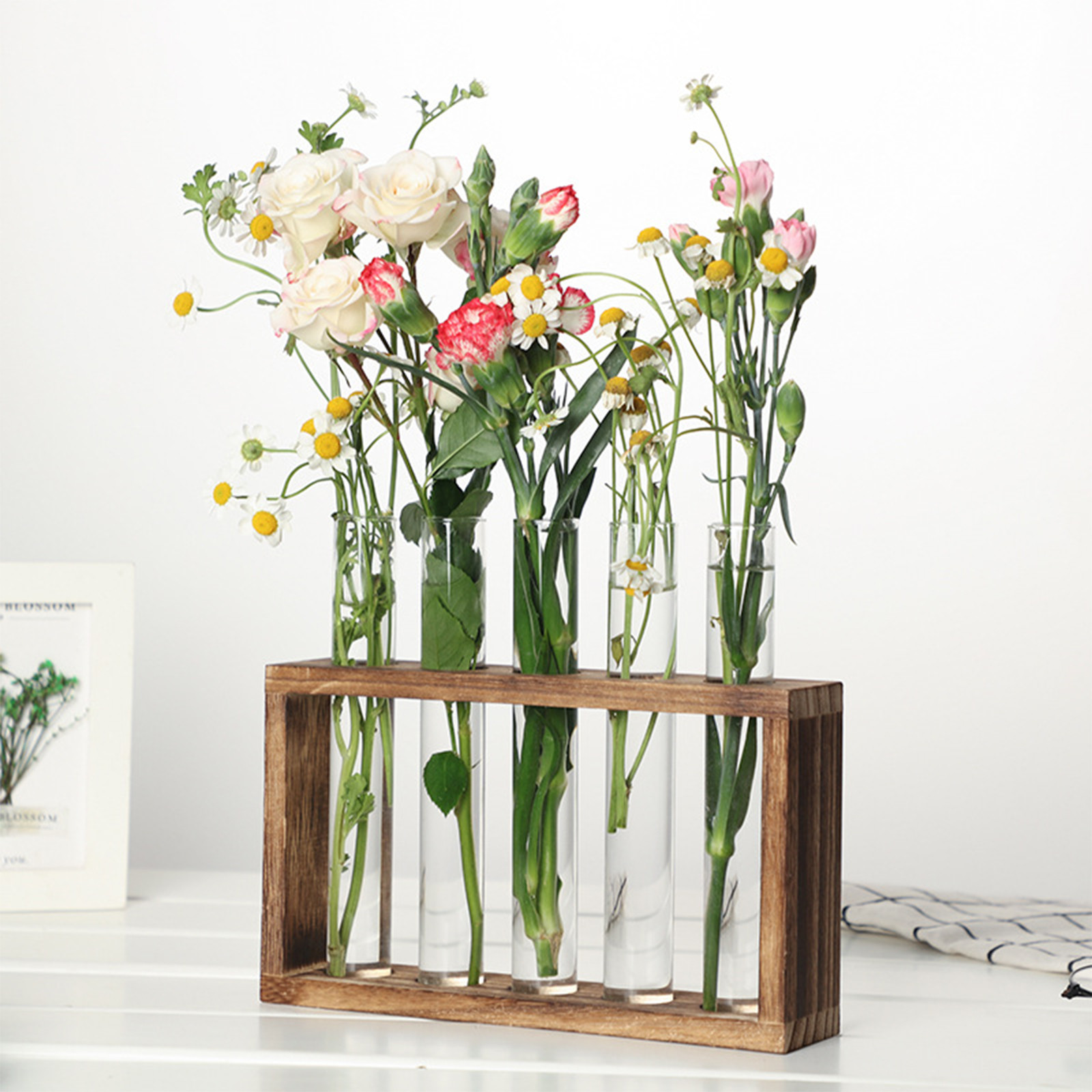 Contenedor de plantas hidropónicas con marco de madera, florero de tubo de ensayo de vidrio transparente para decoración del hogar,
