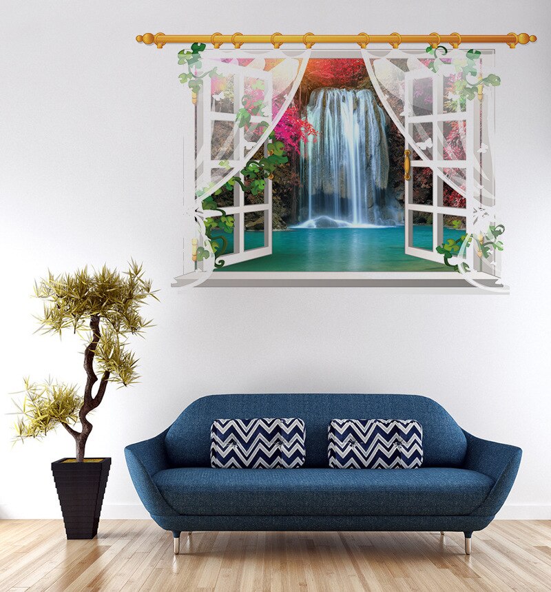 Waterfall water screen scenery false window landscape wall decal environmental protection Removable Wall Sticker