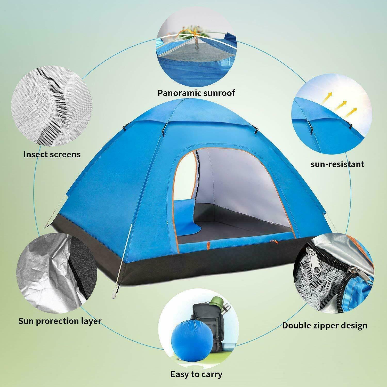 Outdoor Pop Up Tent Automatic Quick-Opening Tent 3-4 People Double Door Beach Camping Shelter Simple Tent Portable Waterproof