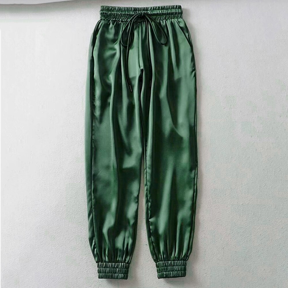 Kvinner sommer sateng last bukser kvinner europa snøringe løs fritidssport bukse kvinner bf joggere streetwears last bukser