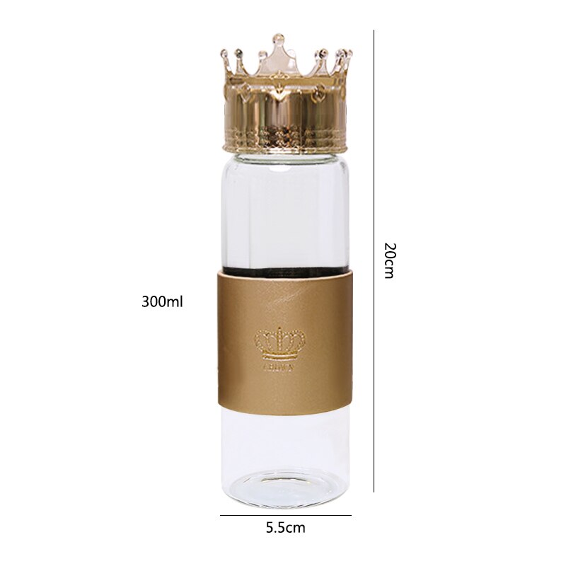 Glass Water Bottle With Crown LId Black Golden Portable High Borosilicate Heat Resistant Sports Water Bottle