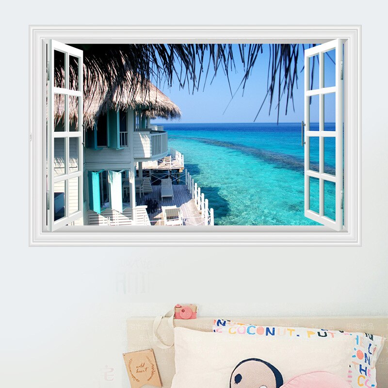 3D stickers Mediterranean blue false window scenery bedroom living room hotel decoration wall stickers