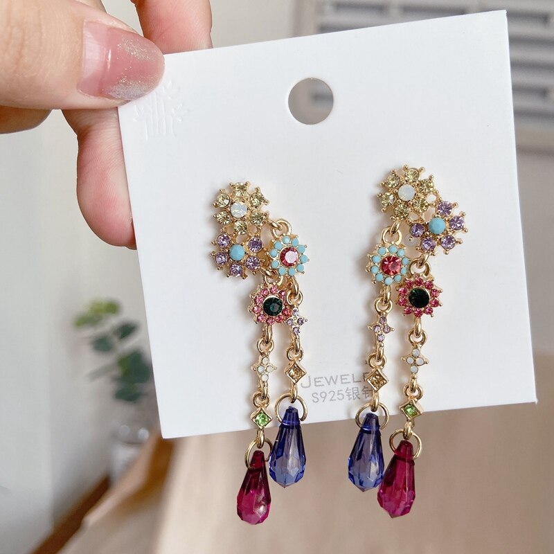 Korean Shiny Crystal Colorful Flower Earrings For Women Party Dangle Pendientes Jewelry