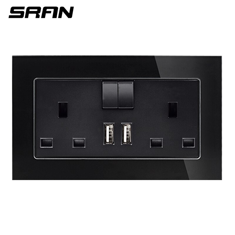 Sran hærdet glas panelmateriale 146*86mm med afbryder stikkontakt vægstik boligindretning usb-stik mobilport: A6 sorte