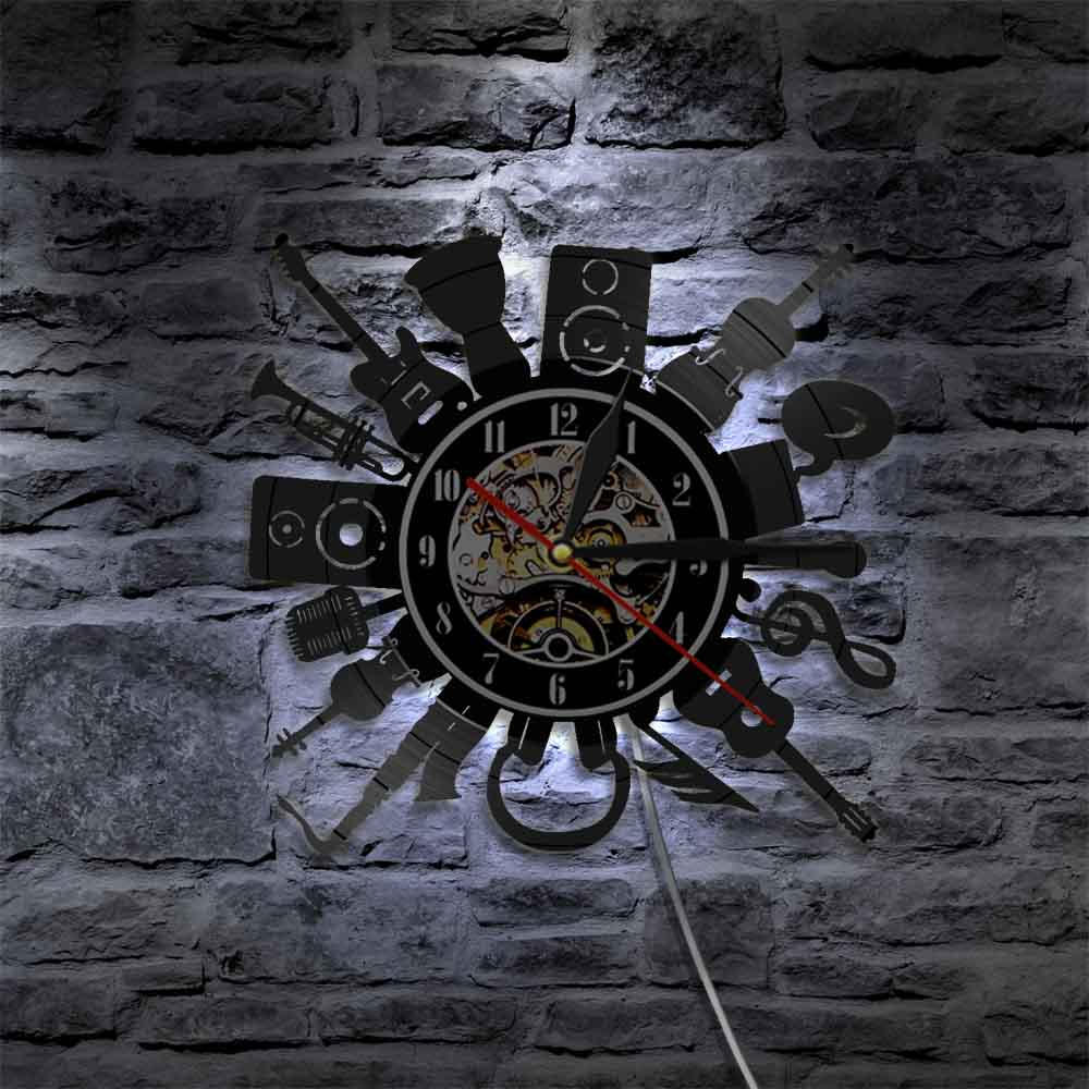 Acoustic Electric Guitar Wall Clock Punk Rock n Roll Heavy Metal Music Vinyl Record Wall Clock with LED Light Music Band
