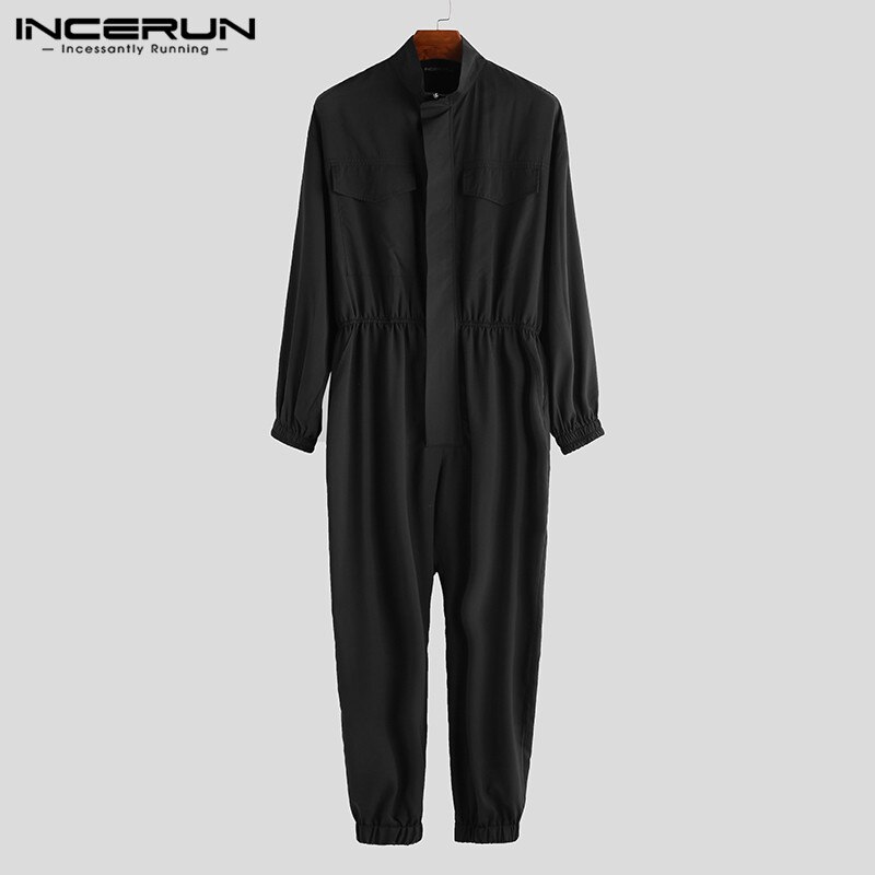 INCERUN Men Jumpsuit Joggers Long Sleeve Romper Zipper Cargo Overalls Cool Solid Streetwear Hiphop Casual Pants Men: Black / 5XL