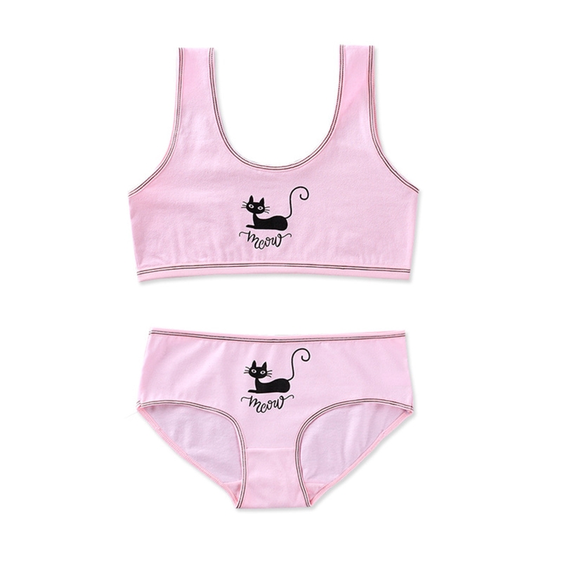Adolescenti ragazze 2 pezzi Set di biancheria intima simpatico gatto nero stampa cinturino largo reggiseno da allenamento gilet a righe Top e mutandine abbinate sport U