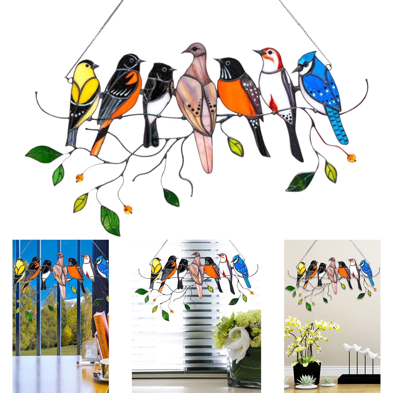 Window Panel Stained Glass Birds-on-a-wire Stained Glass Suncatcher Window Hanging Panel Bird Series Ornaments