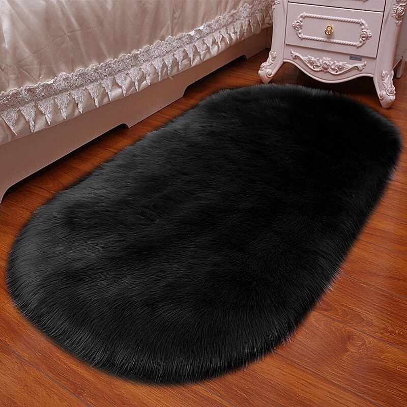 Tapis en peau de mouton moelleux fourrure Faux tapis et tapis pour la maison salon épais lit chambre zone tapis cheveux longs solide tapis décor à la maison: 60x90cm / Black