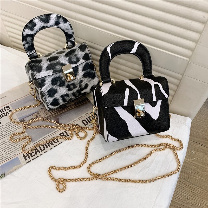 Box Tote Bag for Women Leather Zebra Leopard Handbag Female Chain Shoulder Messenger Purses