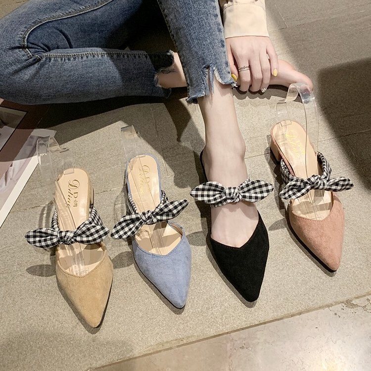 Kvinnor tip chunky-heel skor koreanska högklackat tå sandaler dam söt rosett tjock klack tofflor sommar aprikos skor