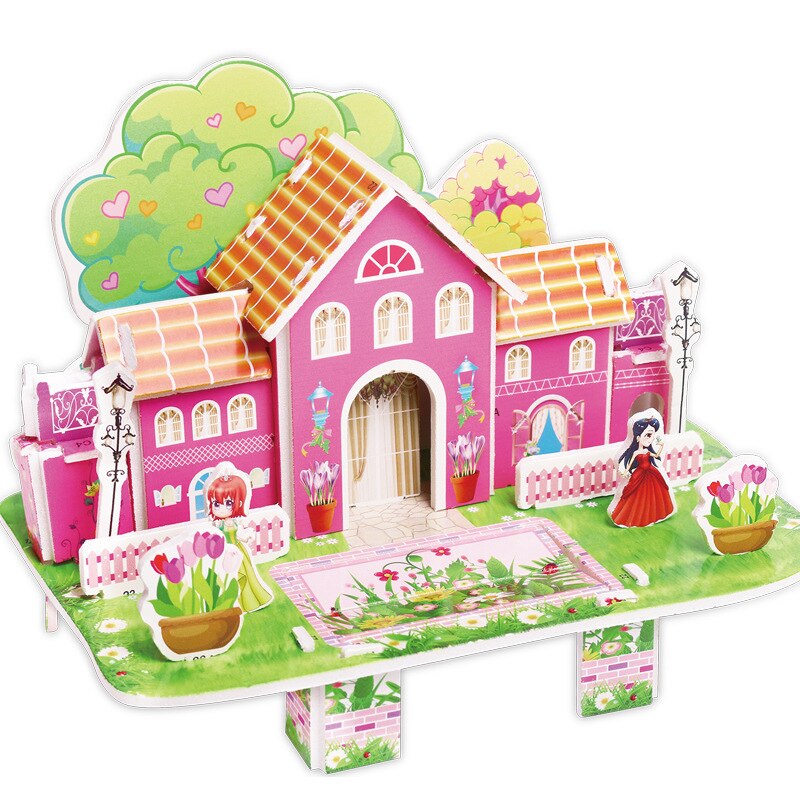 Puzzle 3D fai-da-te castello modello Cartoon House assemblaggio giocattolo di carta Kid Early Learning modello di costruzione regalo Puzzle per bambini: 17