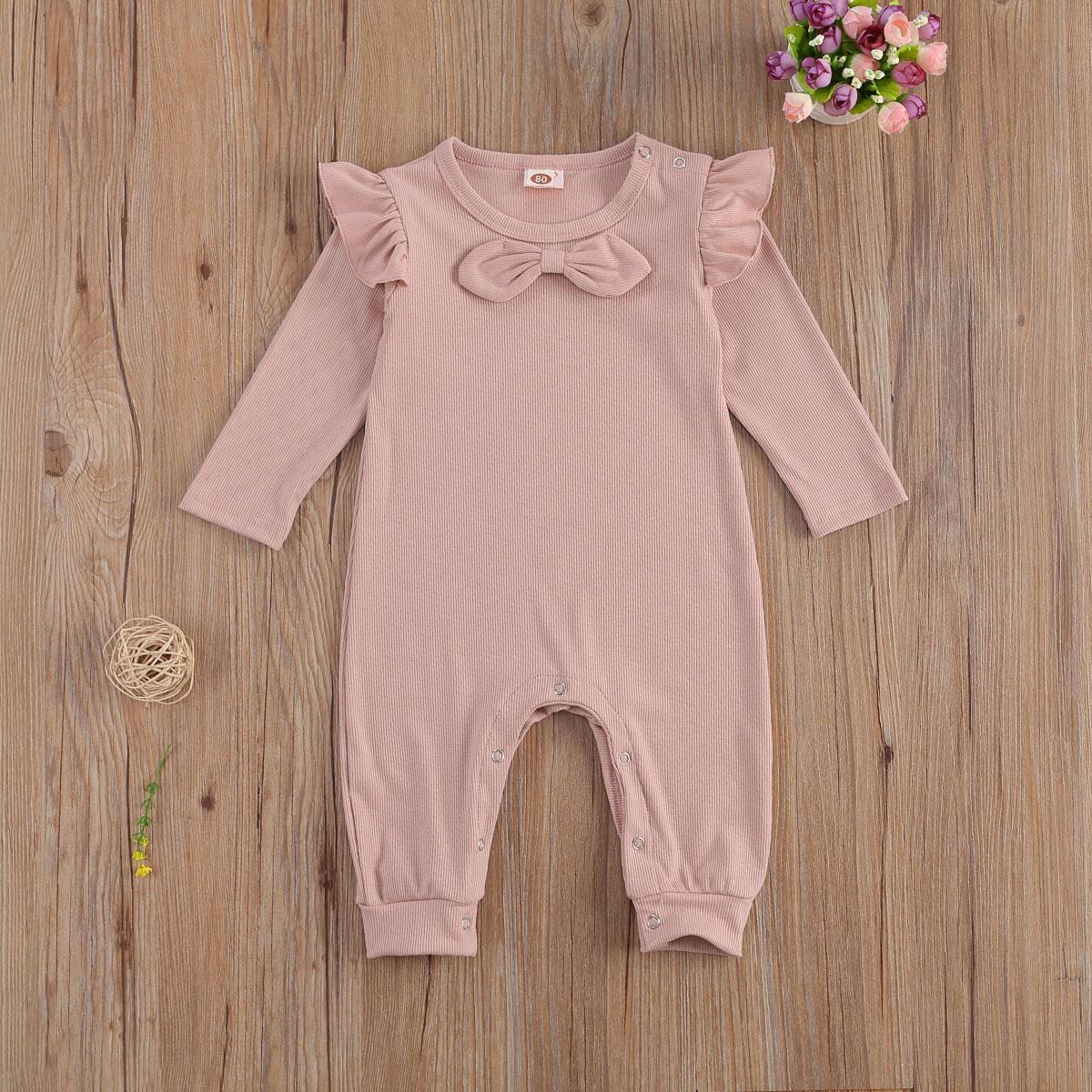 3-12M Herfst Effen Geribbelde Jumpsuit Peuter Jongen Baby Baby Meisjes Lange Flying Mouwen Strik Hals Geribbelde Knop romper Broek