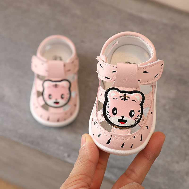 Sandalias para niños pequeños con dibujos animados, zapatos de playa antideslizantes, de cuero suave, para primeros pasos, para verano, SXJ037: SXJ037Pink / CN 17 insole 12cm