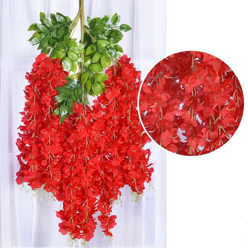 12 pçs flores artificiais de glicínias ratta extra longo grosso videira pendurado guirlanda de seda glicínias para festa em casa decoração de casamento: Vermelho