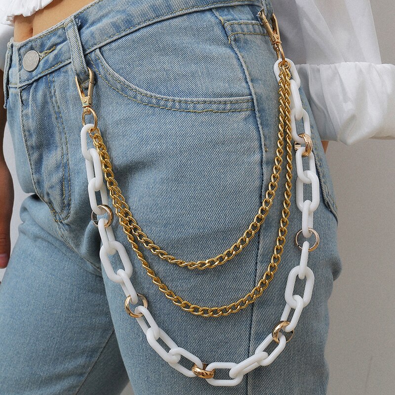 Jeans chain belt waist acrylic key chain belts for women tassel gold metal cinturon mujer punk neon ketting riem