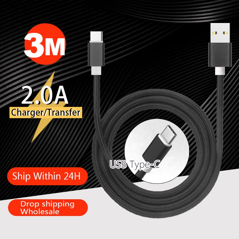 2.0A Effen Kleur Usb-kabel Type-C Telefoon Opladen 3M Fast Charger Cord Voor Huawei P20 Samsung Xiaomi lader Kabel Draad Weave