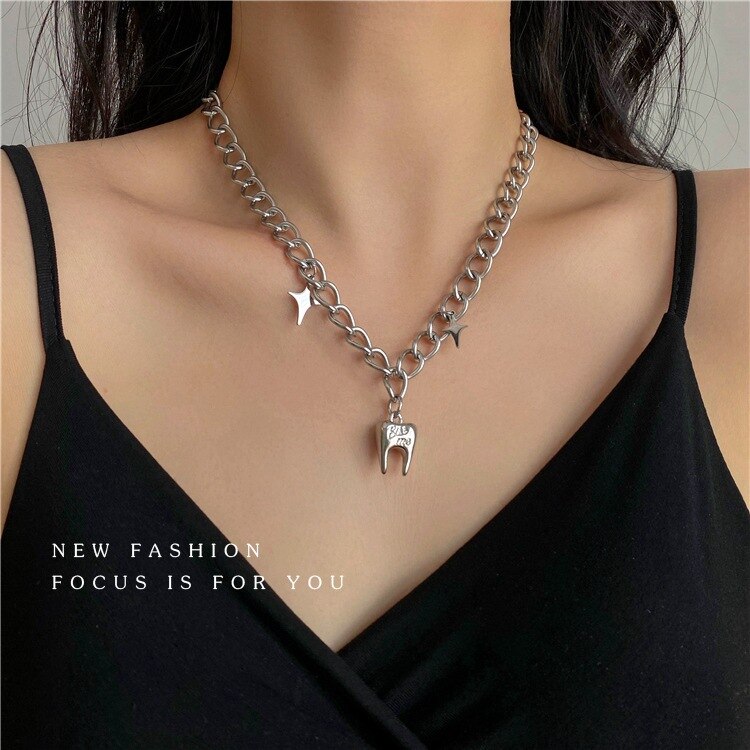 Cute Silver Dental Tooth Necklace Pendant Hip-hop Choker Clavicle Chain For Women Men Jewelry Dentist