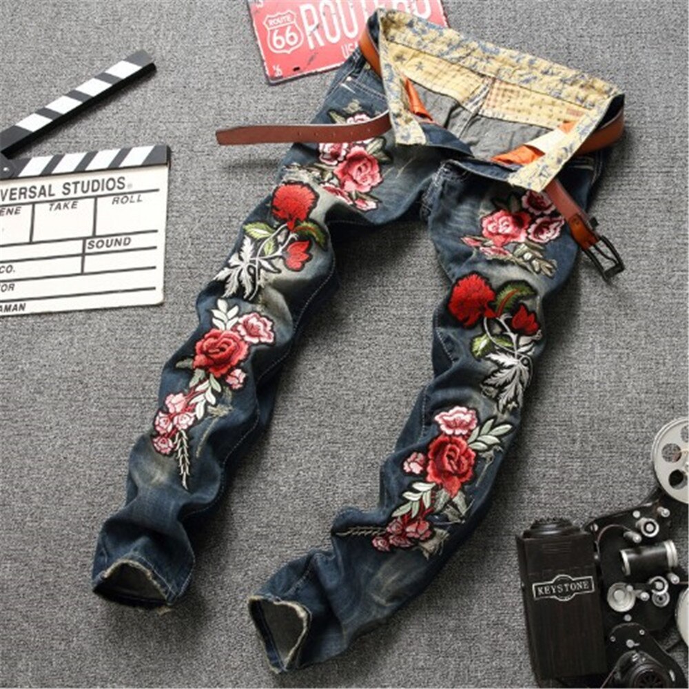 Autumn Straight Leg Slim Jeans Embroidered Rose Tide Pants Classical Retro Ripped Denim Trousers Clothing