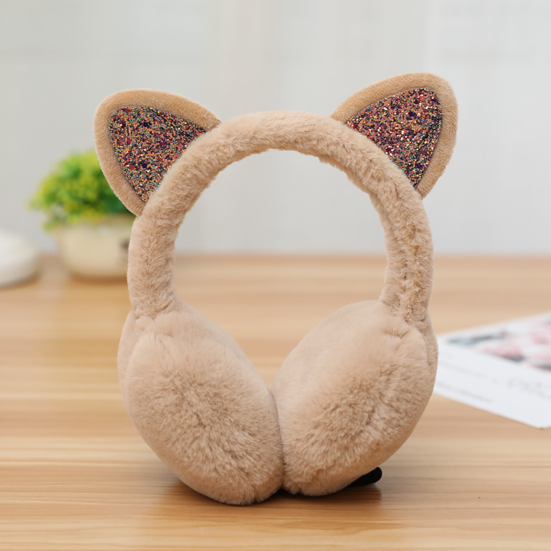 Ear Muffs Cat Animal Ears Warmer For Women Girls Cute Winter Outdoor Ear Cover Warm Sequin Earmuffs Fluffy Earflap Ear Warmers: khaki
