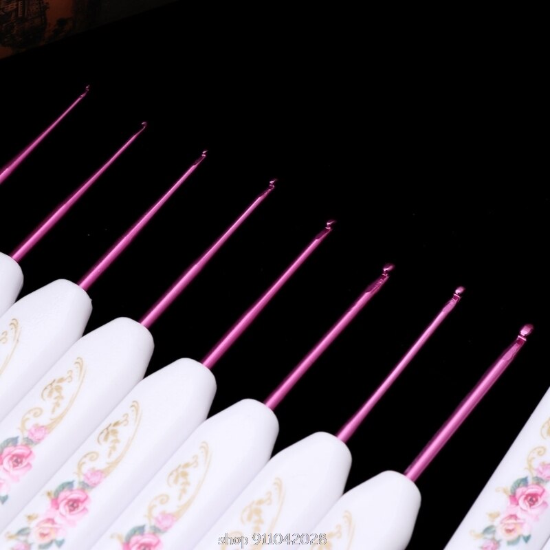 8pcs Plastic Handle Floral Aluminium Crochet Hooks Knitting Needle Set Weaving D16 20