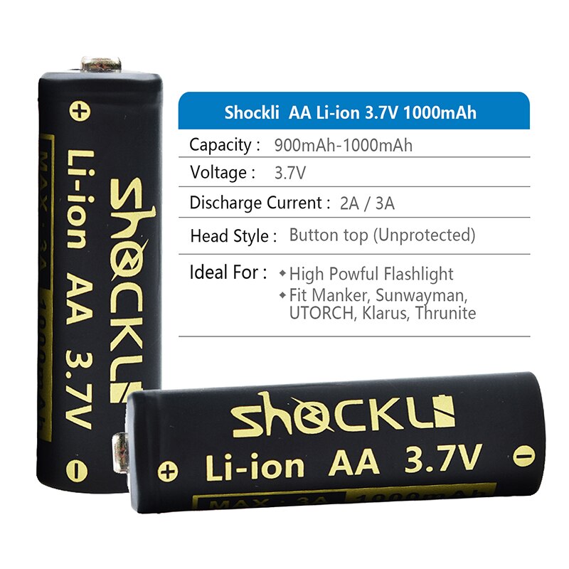 Shockli 14500 1000mAh Rechargeable batteries 3.7V Li-lion Battery AA Batteries for LED Flashlights Headlamps