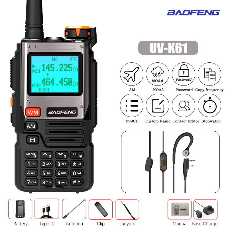 Baofeng-UV-K61 Walkie Talkie, Multi Band, Frequência de cópia sem fio, 999CH, carregador tipo C, UHF, VHF, NOAA, UV-5R, UV K6, K: Bege / American