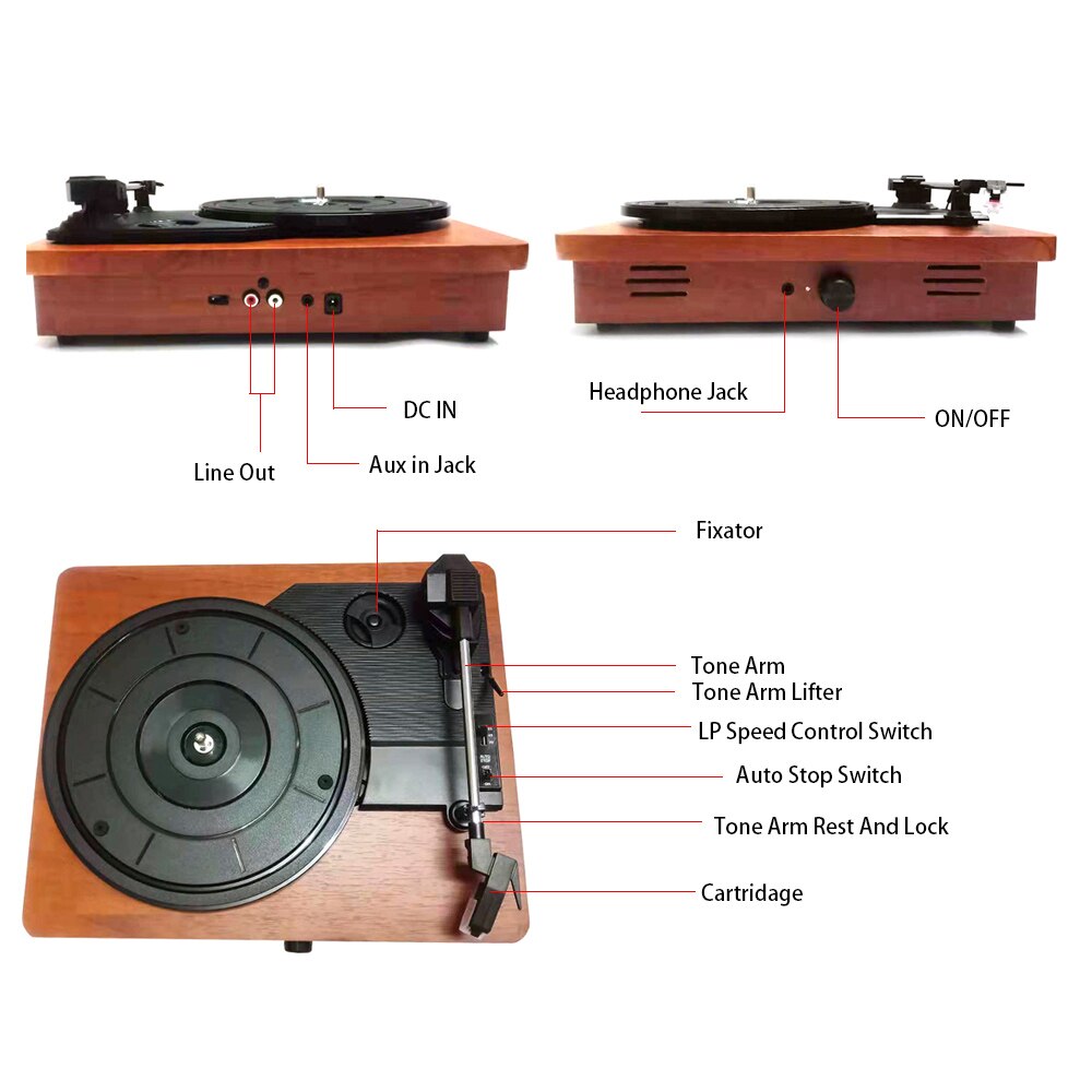 33 45 78 RPM Portable Retro Gramophone Vinyl Record Player Vintage Classic Turntable Phonograph with Built-in Stereo Speakers