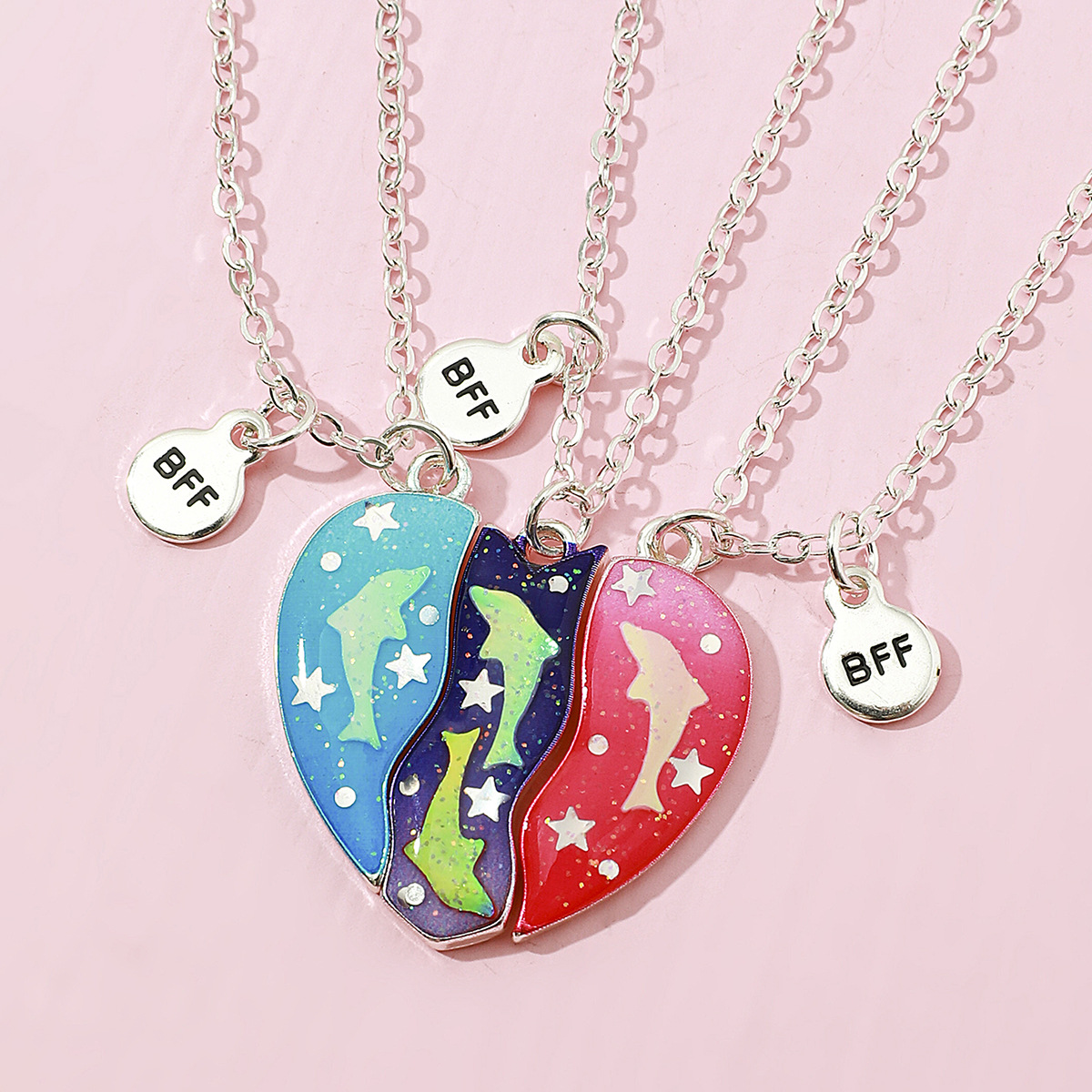 3 pack Bff Heart Pendant Necklace Colourful Broken Heart Pendant Chains Necklace For Women Girls: Style 2