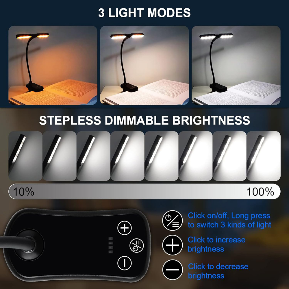 14 LED-Clip-an-Buchleuchte, 3 Farben, 8 Helligkeiten, wiederaufladbares USB-Nachtlicht, tragbare Leseleuchte, Buchlampe