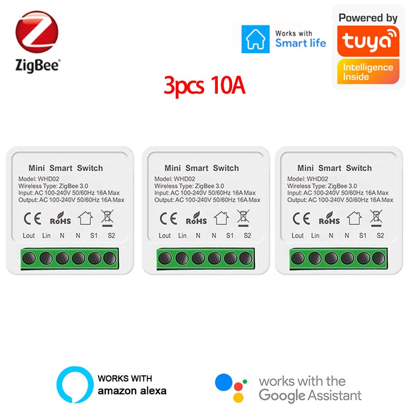 Tuya Zigbee 16A Mini Smart Wifi Switch 2 Way Control, Smart Home Automation Module, Work with Alexa Google Home SmartLife App: 10A 3pcs