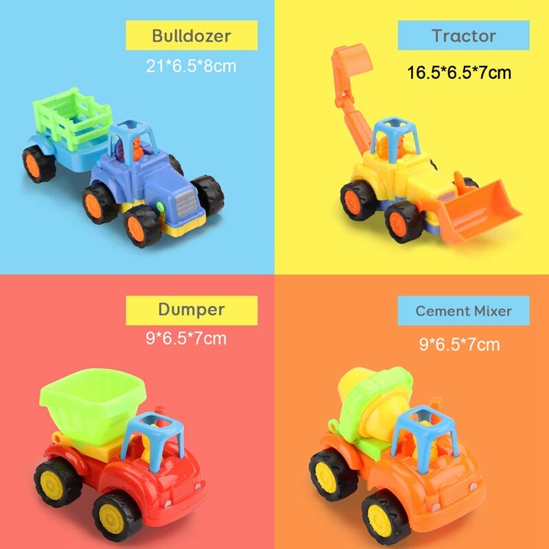 Tegneseriefrifriktionsdrevne legekøretøjer til småbørn 4 -pack, dumper, cementblander, bulldozer, traktor, legetøjsvogne, småbørnslegetøj