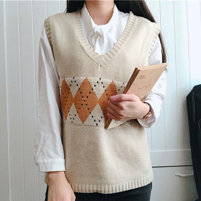 Gebreide Trui Vrouwen Argyle Oversize Truien Koreaanse Truien Dames Winter Losse Truien Vrouwelijke Casual Jumper Ropa De Mujer: lqy058 beige vest