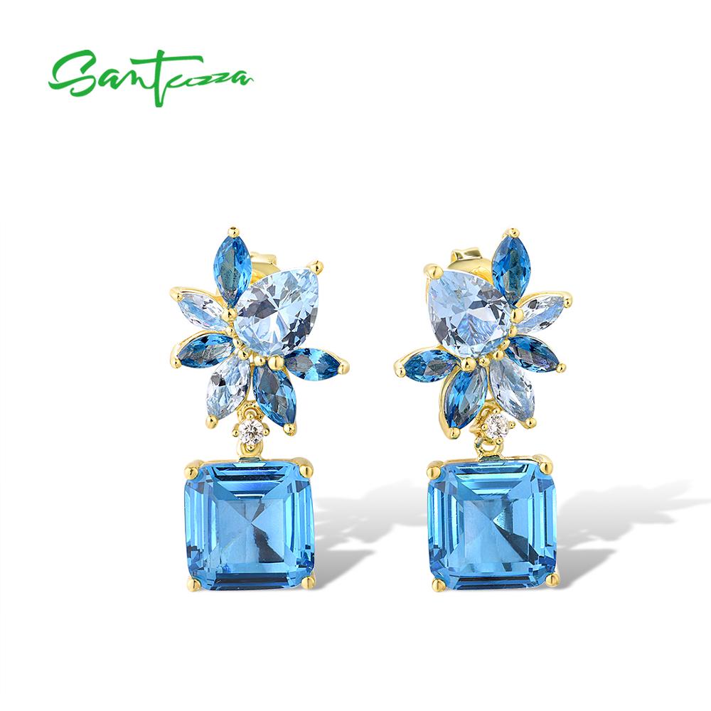 SANTUZZA Silver Earrings For Women Authentic 925 Sterling Silver Shimmering Mulit Blue Stones Glamorous серьги Fine Jewelry