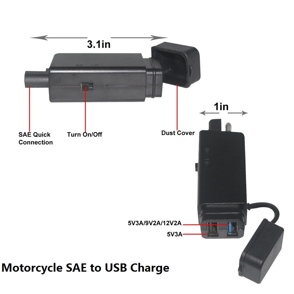Motorcycle SAE to USB Adapter Cable - 5V 3A 9V 12V 2A Dual USB QC 3.0 Quick Charge Fast Charger Kit for Phone Tablet GPS Charge