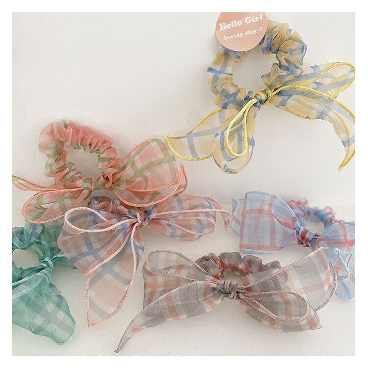 Summer Day MORI Series GIRL'S Plaid Gauze Bow Hair Band Organza Large Intestine Ring Hair Band Korean-style Hipster INS