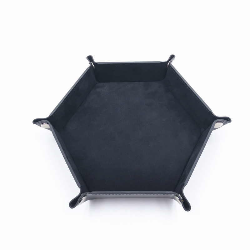 Hexagone pliable plateaux de rangement en cuir PU velours dés plateau bureau clé portefeuille boîte de rangement de pièces divers plateau 18*18cm: Black