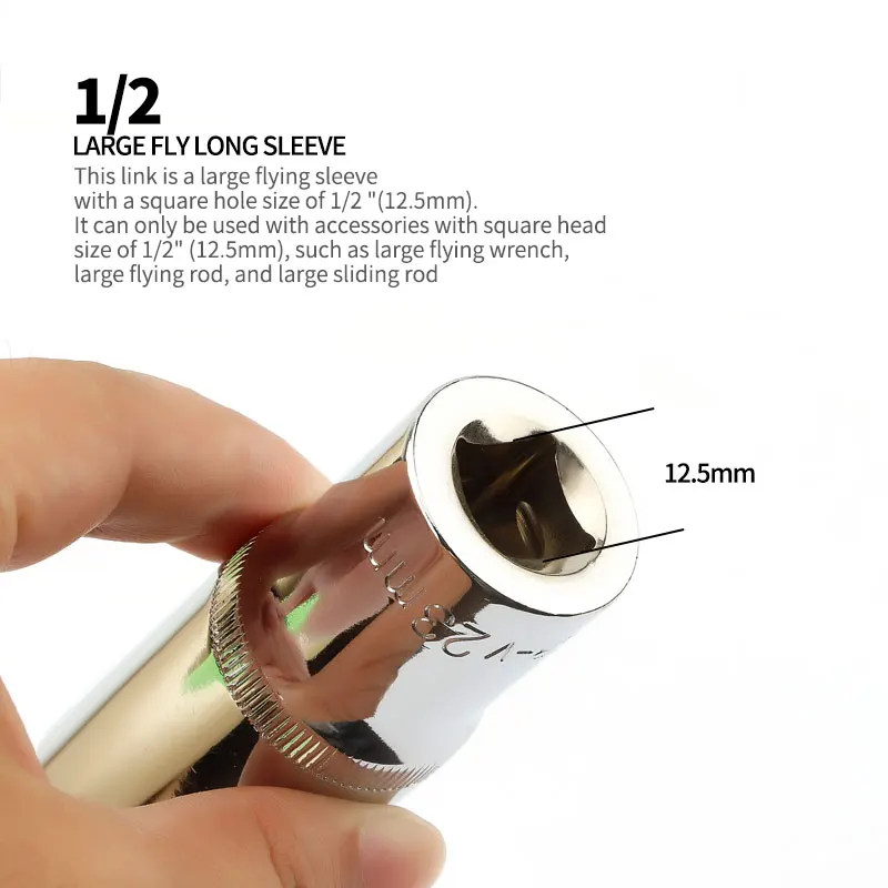 1Pcs 1/2" Inch Drive Long Hex Socket Head Deep Sockets 12.5mm Square Hole Machine Auto Repair Ratchet Wrench Tool 78mm Length