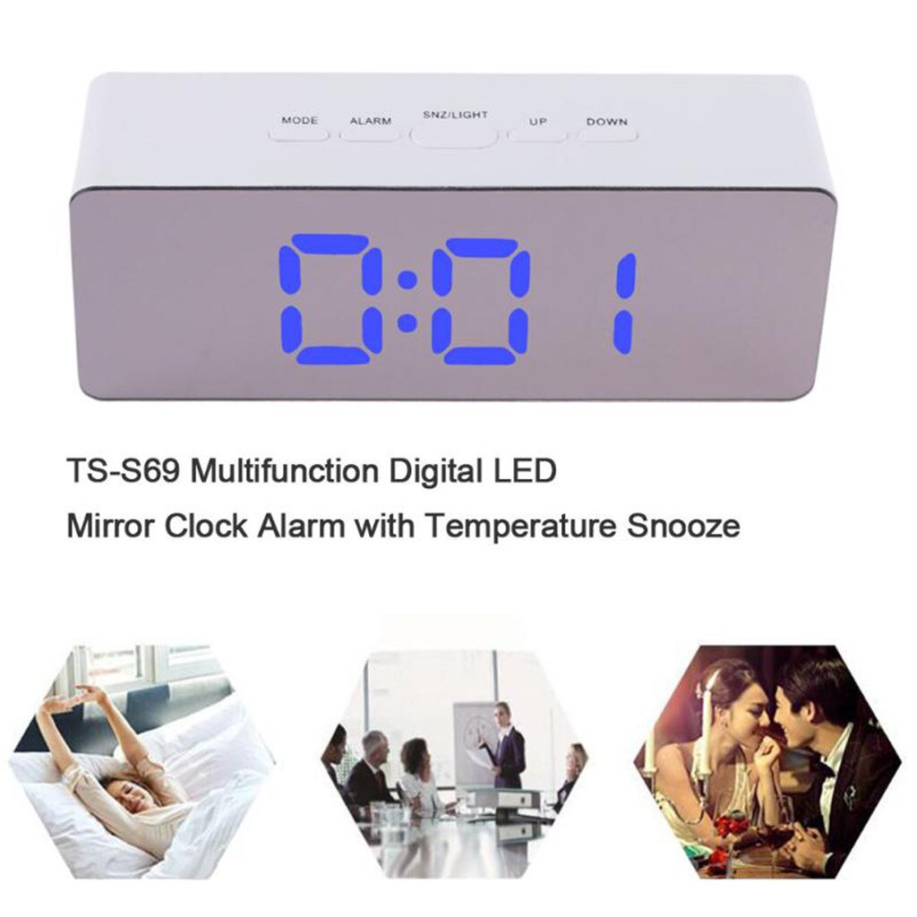 Spiegel Digitale Led Wekker Night Lights Thermometer Wandklok Lamp Vierkante Rechthoek Multifunctionele Bureau Klokken Часы X3