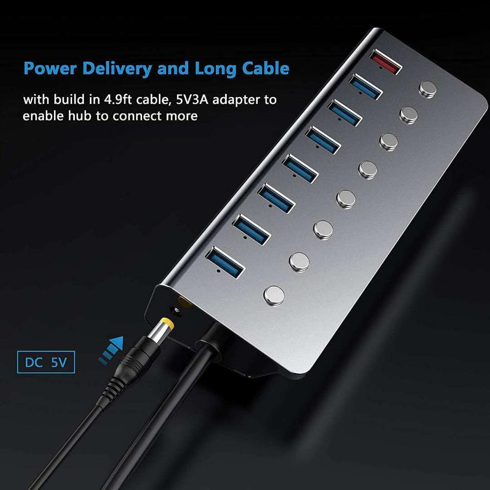 Aluminiumlegering 8-- poorts usb 3.0- splitter 7- poorts computer uitgebreide usb-hub 1- poorts snellaadadapter externe 5v 3a- voeding