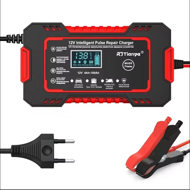 12V 6A Vollautomatisches Autobatterieladegerät Power Pulse Repair Ladegeräte Nass Trocken Blei Säure Batterieladegeräte Digitales LCD-Display: Rot