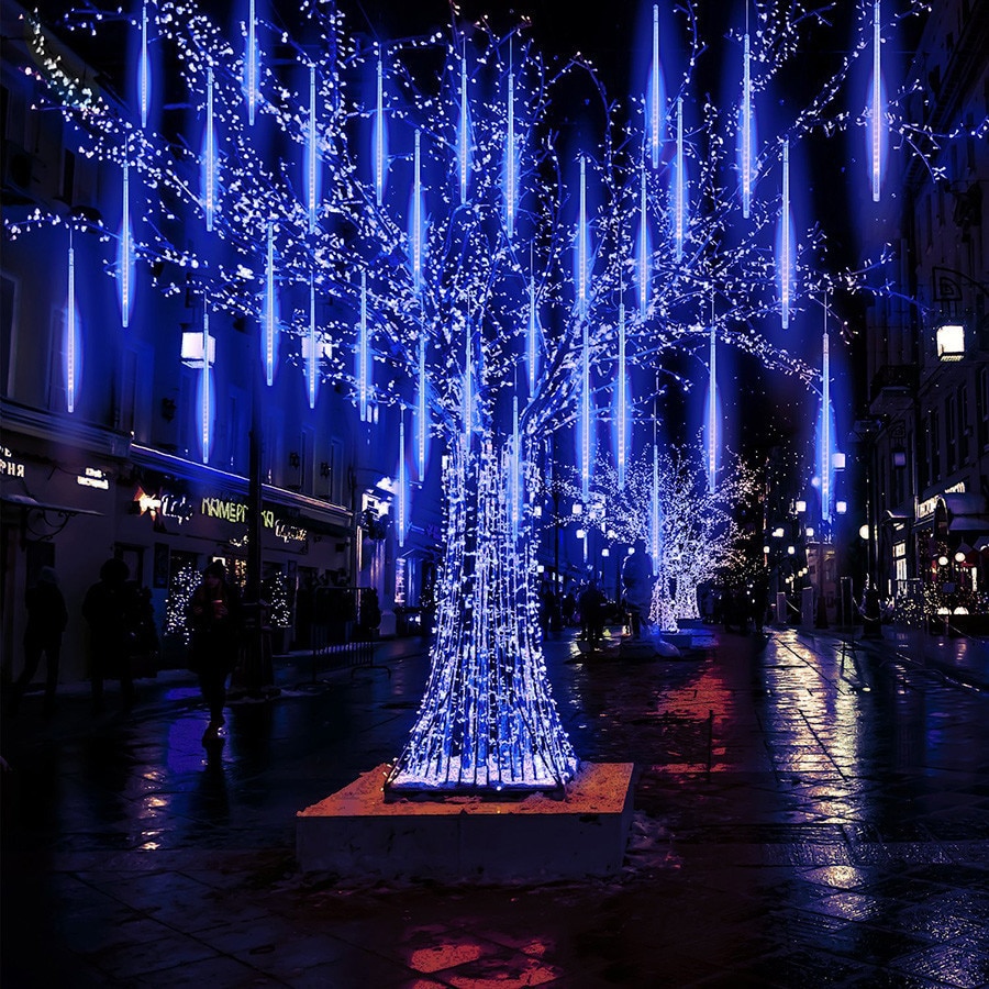 Blue Falling Rain Lights Meteor Shower Rain LED Lights 50/30CM 8 Tubes Christmas Tree Icicle String Lights For Wedding Party