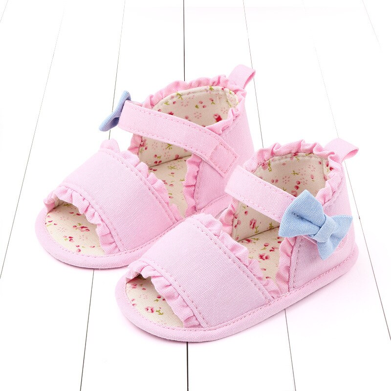 Baby Girls Ruffe Bowknot Crib Shoes Cute Summer Bowknot Floral Sandals Soft Anti-Slip Sole Toddler First Walkers Prewalker 0-18M: Pink / 7-12 Months