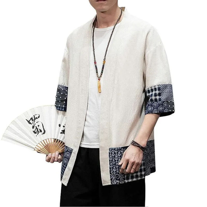 Cárdigan tipo kimono japonés de para hombre, cárdigan holgado de lino y algodón con manga 3/4, chaqueta informal de verano