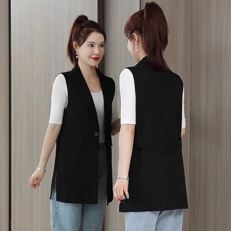 #0710 Black Beige Sleeveless Blazer Women Outerwear Vest Coat Single Button Slim Women's Vest Waistcoat Long Spring Summer