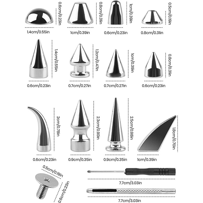270Set Spikes And Studs,Mixed Shape Punk Spike Rivets Metallic Cone Screw Back Studs With Install Tool For Leather Craft Retail