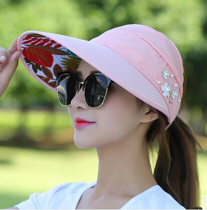 Kvinder sommer solhatte strand hat beskyttelse uv beskyttelse kvinde kasket afslappet dame sommer kasketter hestehale bred skygge hat: Lyserød