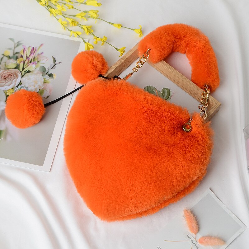 Hartvormige imitatiebont dames handtassen schattige pluche schoudertas chian messenger crossbody tas dames clutch portemonnee liefdestassen: Oranje
