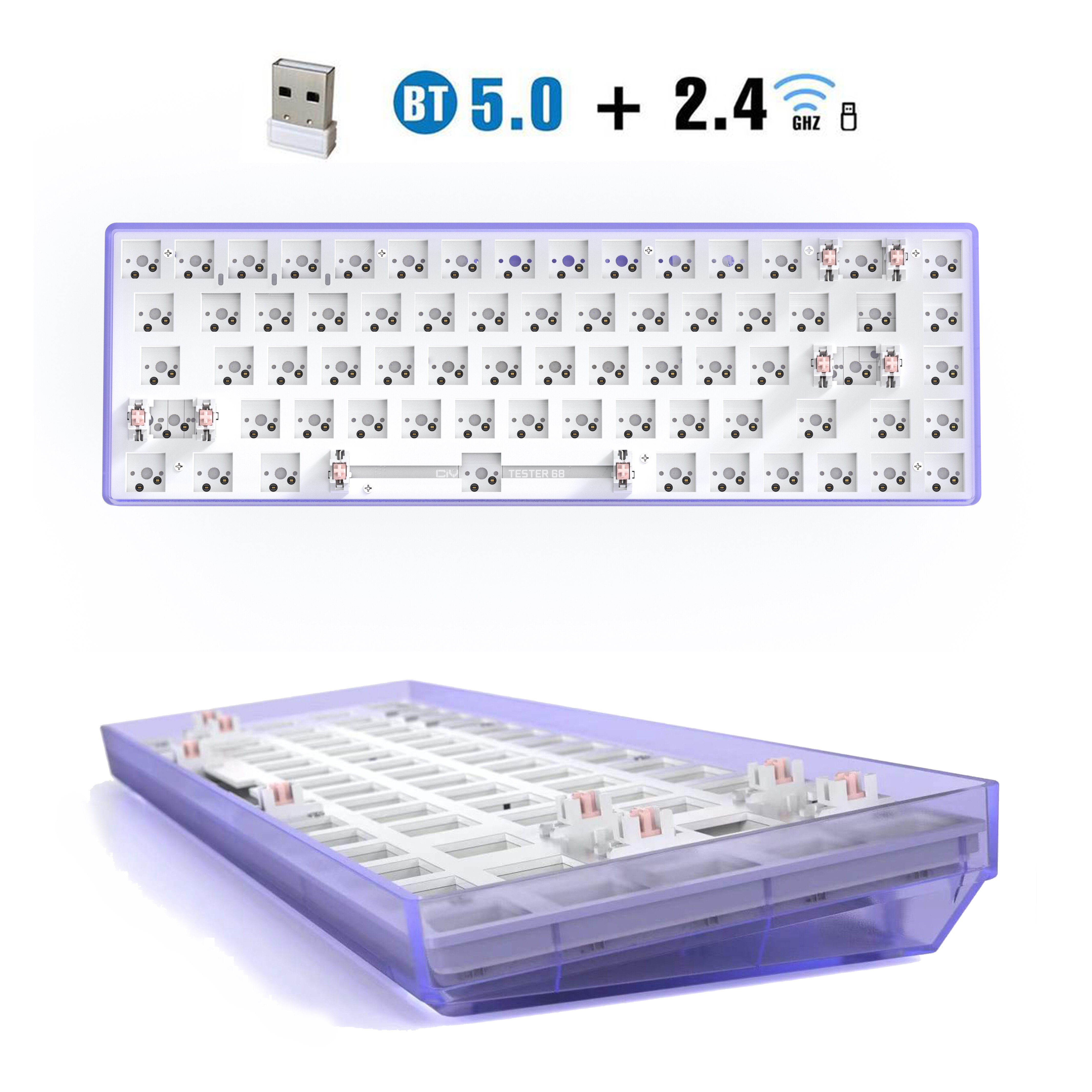 TESTER68 – Kit de clavier mécanique sans fil, Bluetooth 2.4G, 2 modes de jeu, 60%, pour interrupteur 3 broches/5 broches: TESTER68 purple